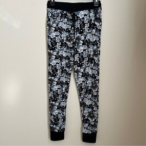 S R Black White Black & Blue Floral Pattern Jogger Sweat Pants w/ Pockets Sz M